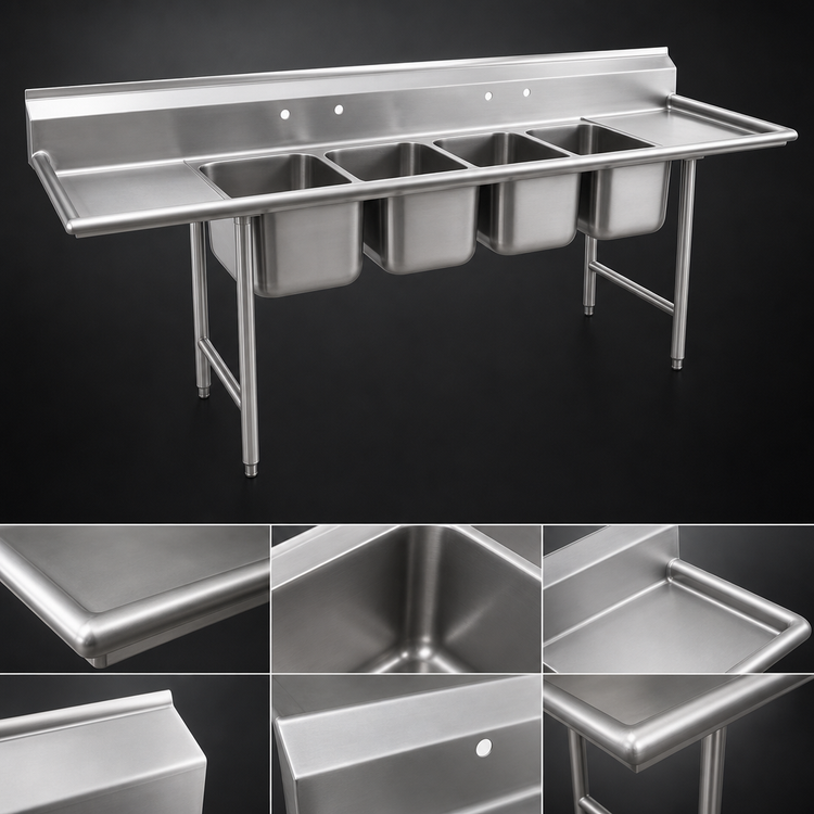 Product image #3 for Eagle Group 314 Series Coved Corner Four-Compartment Sink with Double 18-Inch Drainboards