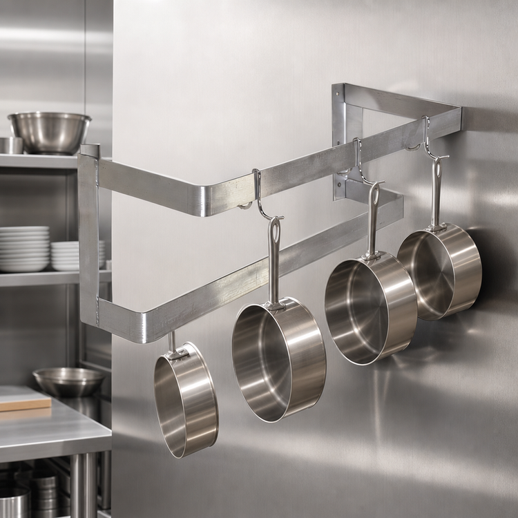 Product image #3 for Omcan USA 60-Inch Wall-Mounted Stainless Steel Double-Bar Pot Rack with 5 Plated Hooks