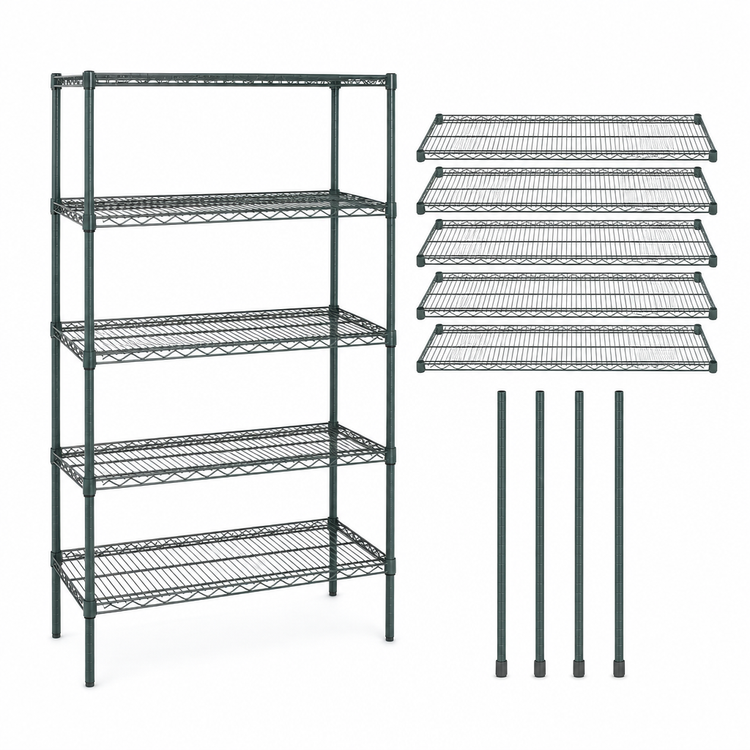 Product image #3 for Quantum Stationary Wire Shelving Starter Kit, 72"W x 18"D x 86"H, 5 Shelves, Green Epoxy Antimicrobial Finish