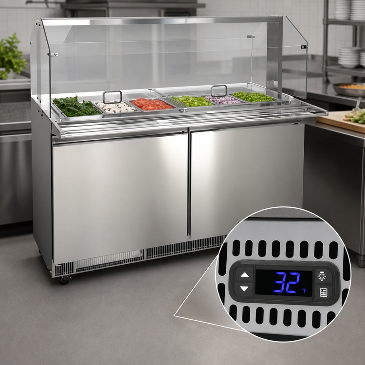 Product image #3 for Omcan USA 60-Inch Two-Section Stainless Steel Refrigerated Prep Table, Rear-Mount Self-Contained, 12 x 1/3 Pan Capacity