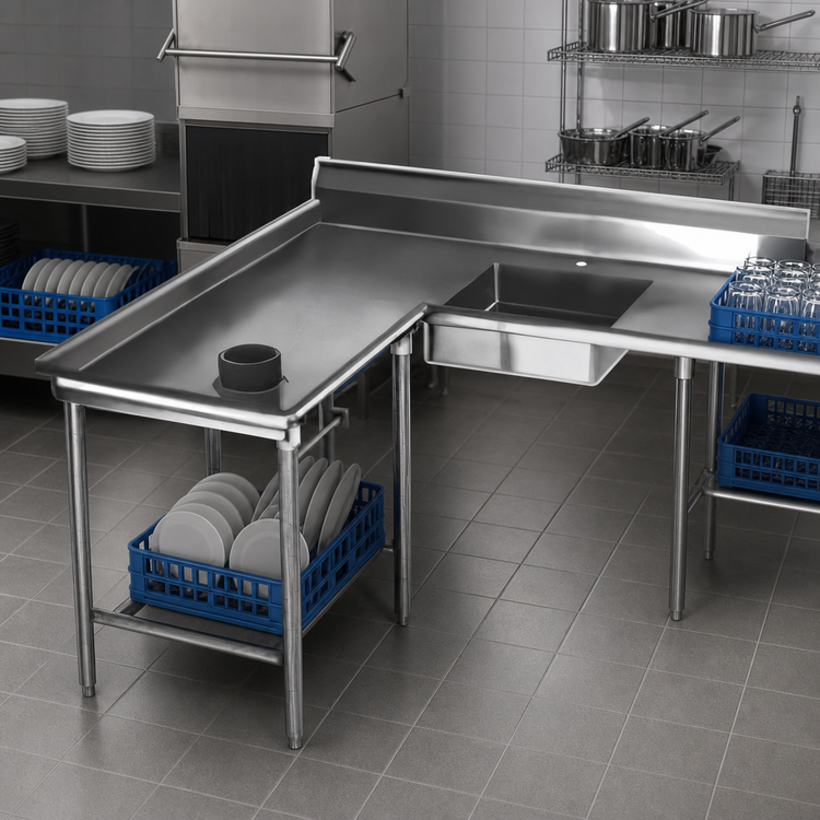 Product image #3 for Eagle Group Left-Hand Island Soiled Dishtable with 20 x 20 x 5 Pre-Rinse Sink, 108-Inch Machine-to-Corner and 60-Inch Corner-to-End, 16 Gauge 430 Stainless Steel Top
