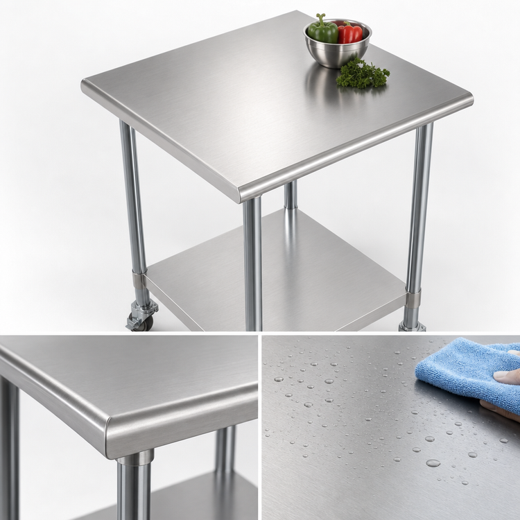 Product image #3 for KoolMore 30 x 30 Inch 18-Gauge 304 Stainless Steel Corner Work Table with Undershelf and Locking Casters