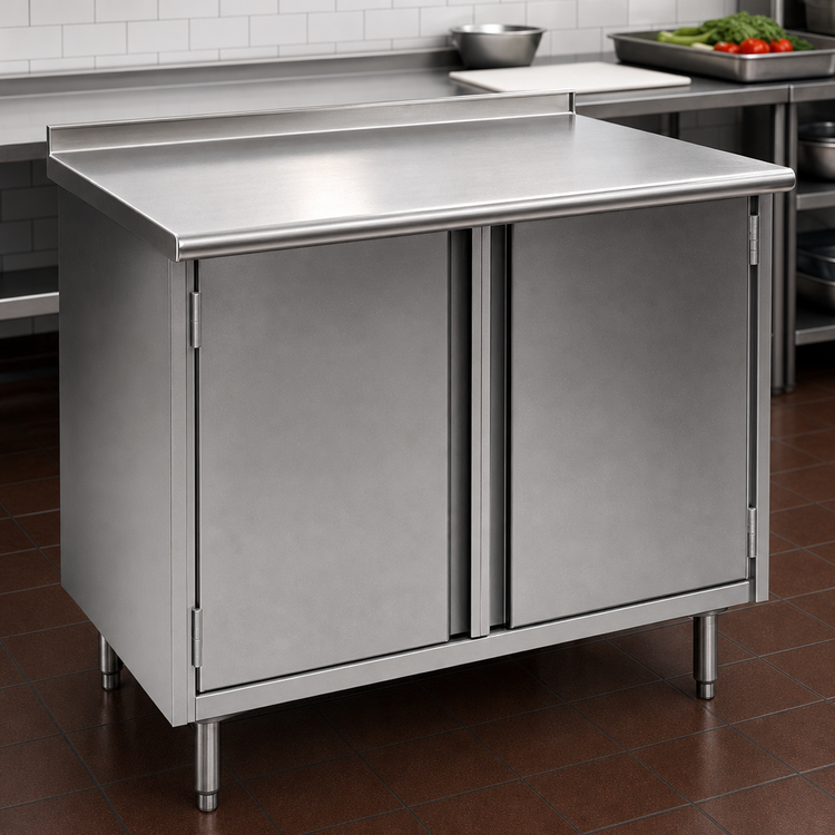 Product image #3 for Spec-Master 96-Inch x 30-Inch 14-Gauge 304 Stainless Steel Enclosed Work Table with Cabinet Base and Hinged Doors