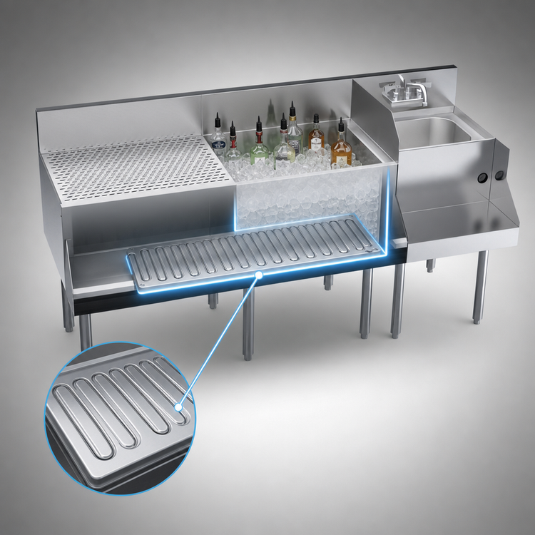 Product image #4 for Krowne Royal Series 66-Inch Underbar Ice Bin/Cocktail Station with Blender Station, Drainboard and 10-Circuit Cold Plate
