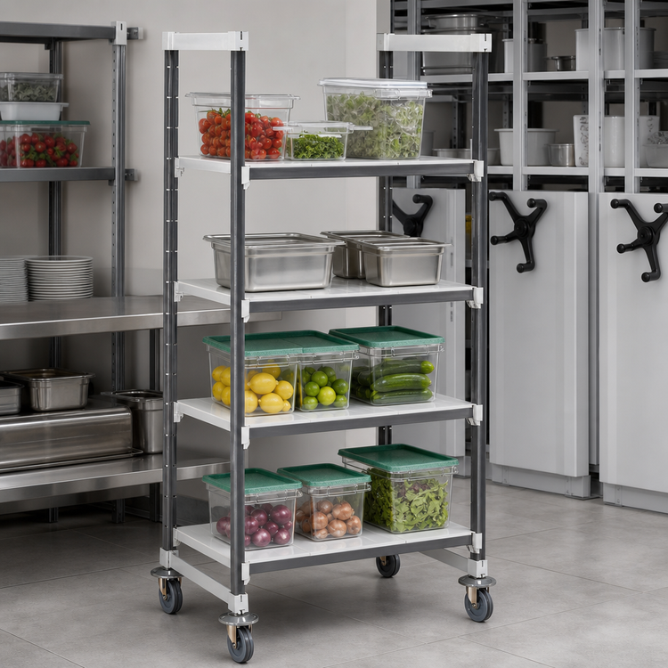 Product image #3 for Cambro Camshelving Elements XTRA 4-Tier High Density Mobile Starter Unit, Solid Shelving, 21"W x 36"L x 70-1/4"H, Speckled Gray