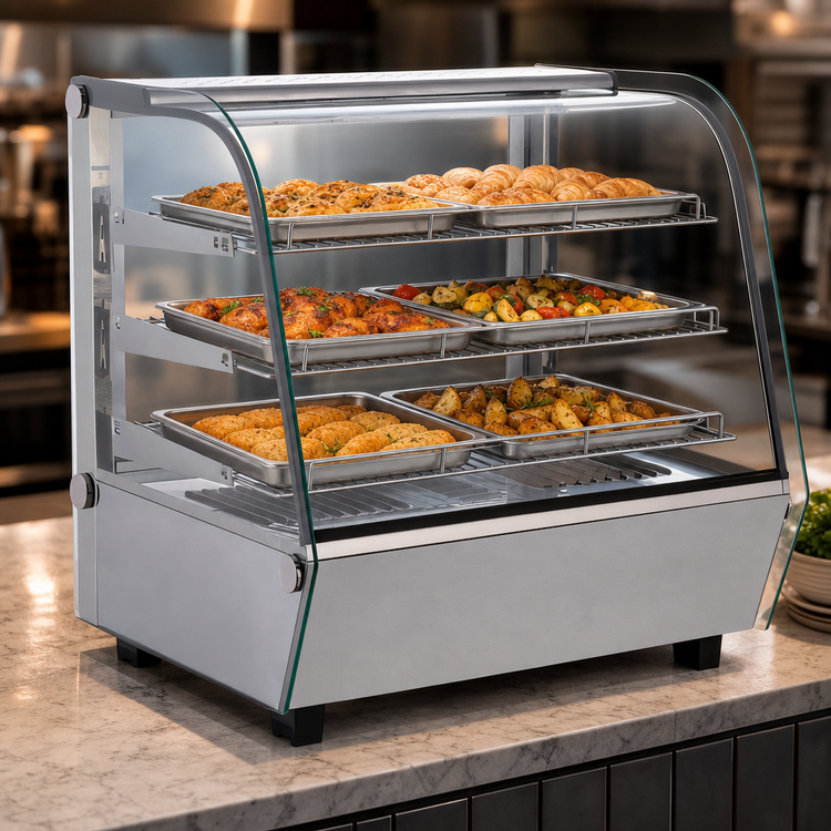 Product image #3 for Omcan Countertop Full-Service Heated Display Warmer with Curved Glass and 3 Shelves