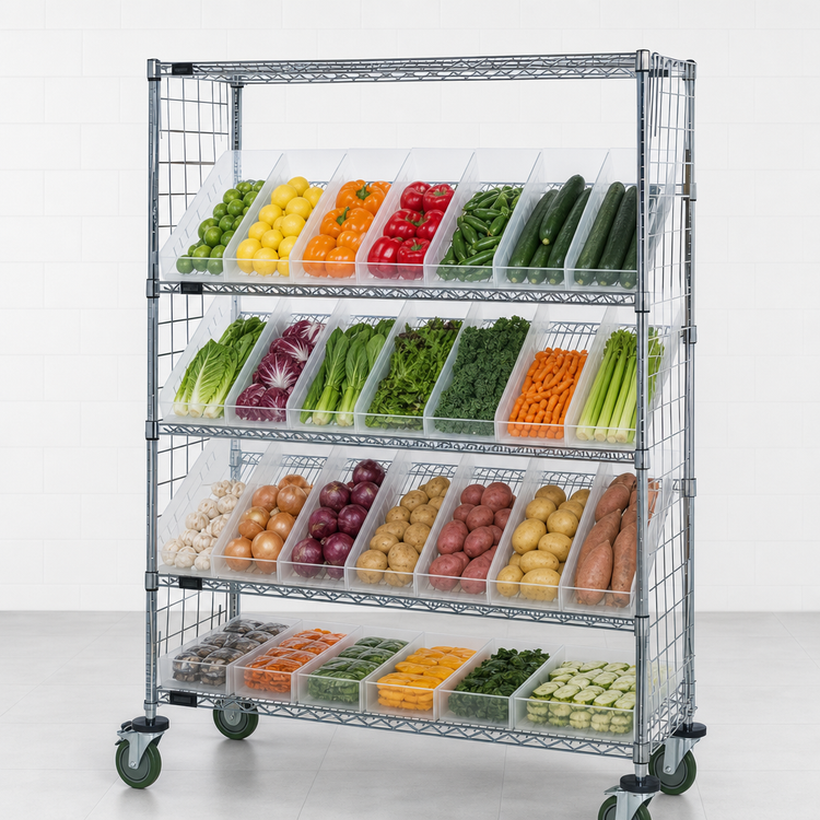Product image #3 for Quantum Slanted Shelf Enclosure Cart with 28 Clear Bins, 48 in. W x 24 in. D x 69 in. H, Chrome Plated
