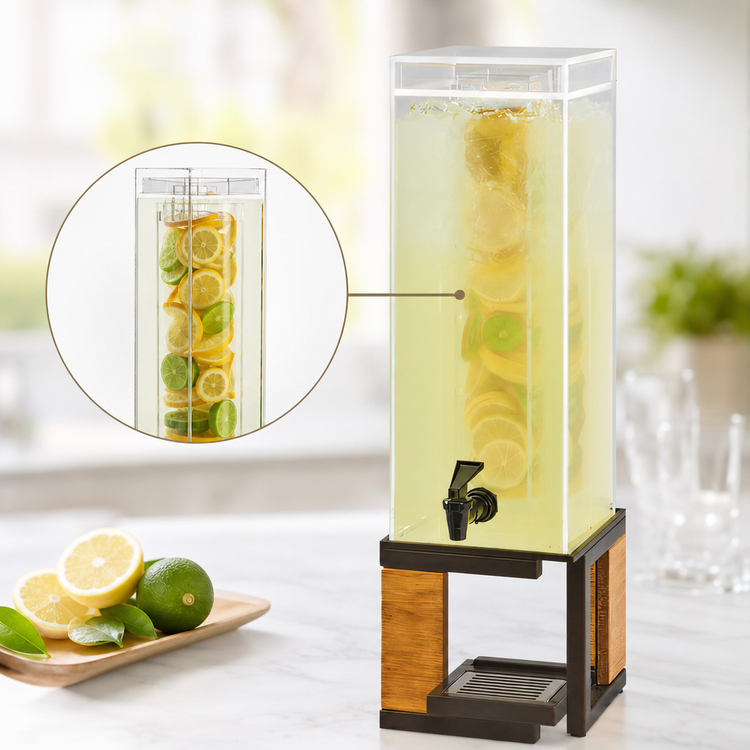 Product image #3 for Cal-Mil Sierra 3 Gallon Square Infusion Beverage Dispenser with Chamber and Drip Tray, Rustic Pine, Bronze Finish