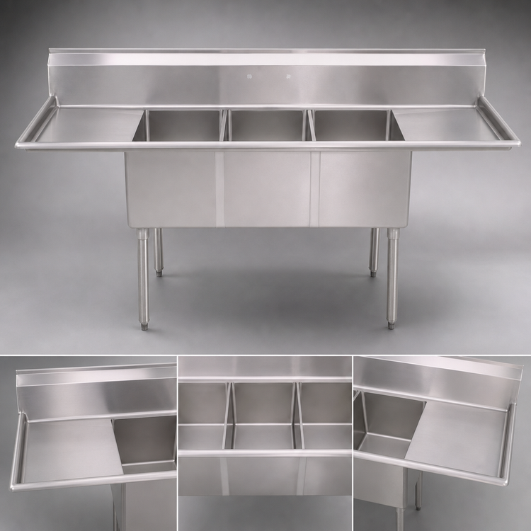 Product image #3 for John Boos E-Series 3-Compartment Sink with Left and Right Drainboards and Boxed Backsplash, 75 Inch, 18 Gauge Stainless Steel