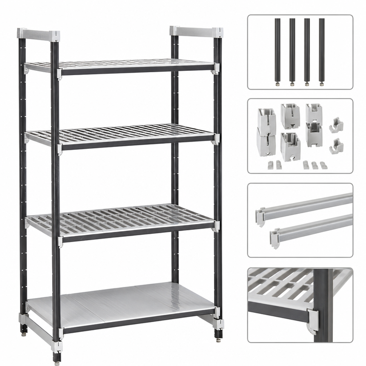Product image #3 for Cambro Camshelving Elements XTRA 4-Tier Stationary Starter Unit, 24"W x 30"L x 84"H, Vented/Solid Polymer Shelving, Speckled Gray