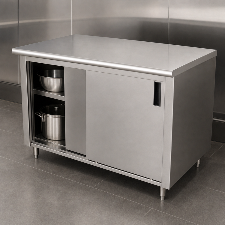 Product image #3 for Advance Tabco Special Value Economy Enclosed Work Table with Sliding Doors, 72 x 30, 16-Gauge 304 Stainless Steel Top