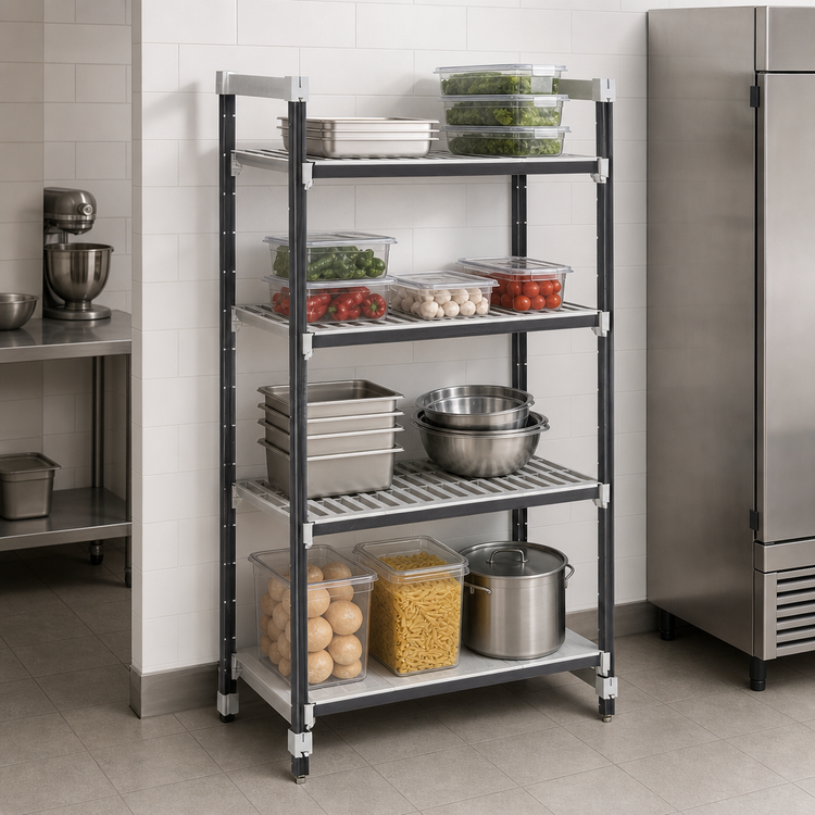 Product image #3 for Cambro Camshelving Elements XTRA 24 in. x 54 in. x 72 in. Stationary Starter Unit, 4-Tier Vented and Solid Polymer Shelving, Speckled Gray