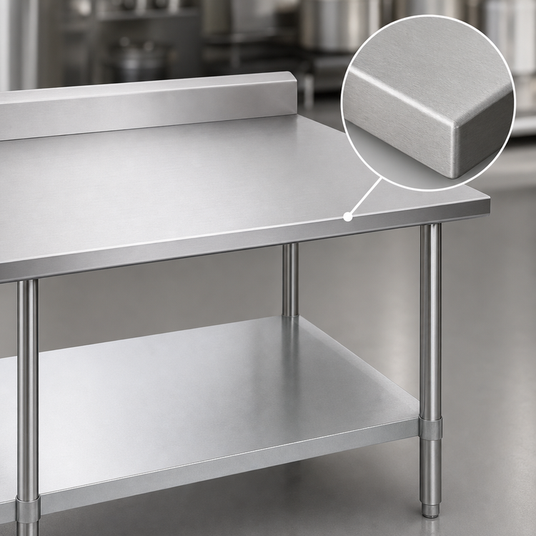 Product image #3 for Advance Tabco 84 Inch x 36 Inch 16 Gauge 430 Stainless Steel Work Table with 5 Inch Backsplash and Adjustable Galvanized Undershelf