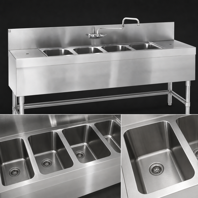 Product image #3 for Eagle Spec-Bar Four-Compartment Underbar Sink Unit with Left and Right Drainboards, Faucet, 84 Inch Wide