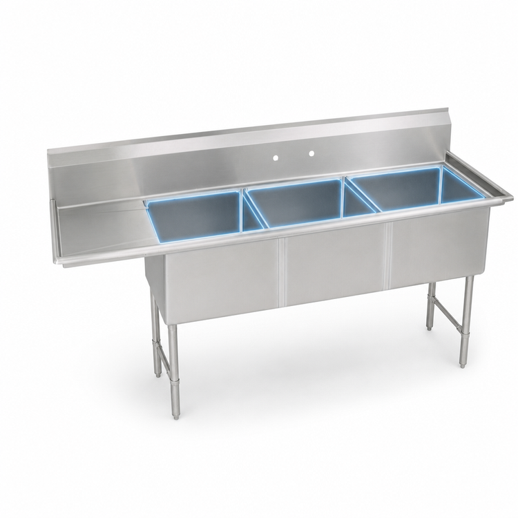 Product image #3 for BK Resources Three-Compartment Stainless Steel Sink with Left Drainboard, 18 x 18 x 14 Bowls