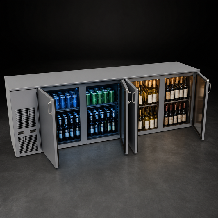 Product image #3 for Glastender Two-Zone Front-Serviced Bar Profile Back Bar Cooler, 108 Inch, 4-Section, Self-Contained