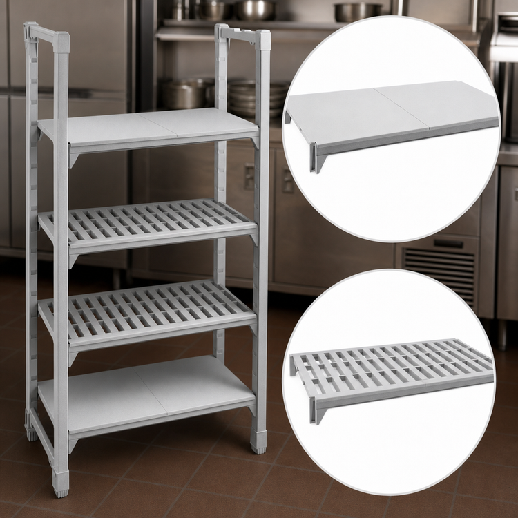 Product image #4 for Cambro Camshelving Premium 21" x 42" 5-Shelf Vented and Solid Polymer Shelf Kit, Speckled Gray