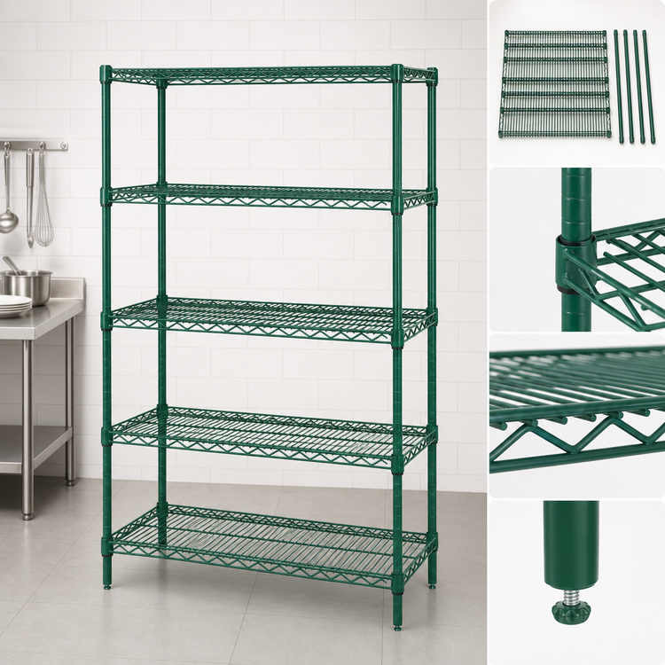 Product image #3 for Quantum Wire Shelving Starter Kit, 54" W x 24" D x 54" H, 5 Shelves, Green Epoxy Antimicrobial Finish
