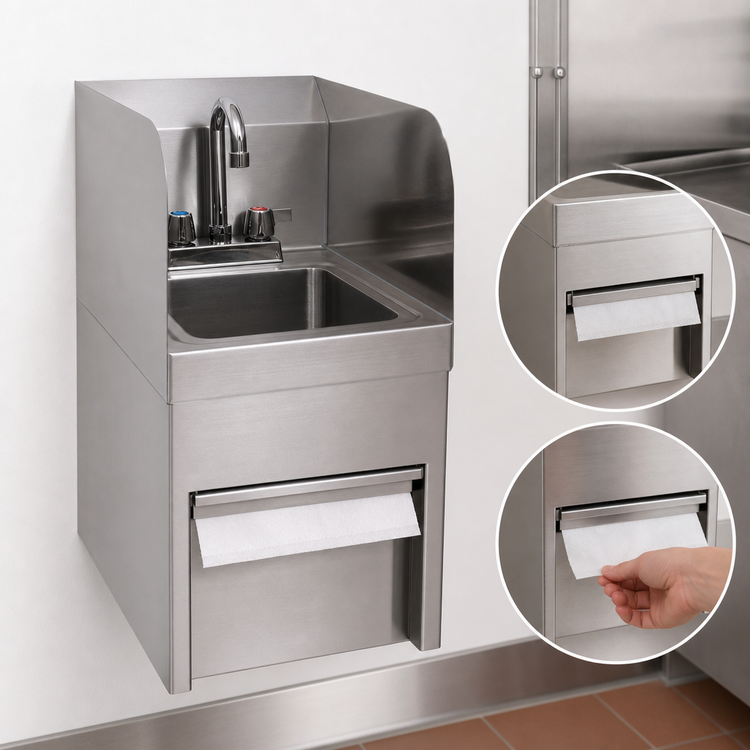 Product image #3 for BK Resources Wall-Mount Hand Sink with Integrated Towel Dispenser, 9" x 9" x 5" Bowl, 4" O.C. Deck Mount Faucet, 304 Stainless Steel