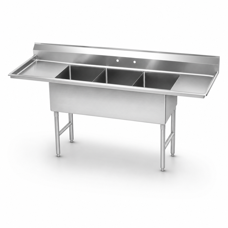 Product image #3 for Advance Tabco 3-Compartment Fabricated Sink with Left and Right Drainboards, 93-Inch Long, 14-Gauge 304 Stainless Steel
