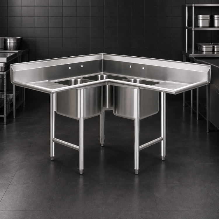 Product image #3 for Eagle Group C314-24-3-24 3-Compartment Corner Stainless Steel Commercial Sink with Double Drainboards