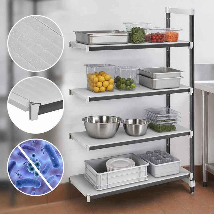 Product image #3 for Cambro Camshelving Elements XTRA 4-Tier Solid Stationary Add-On Polymer Shelving Unit, 24" x 30" x 72", Speckled Gray