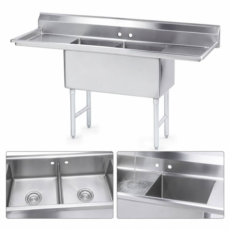Product image #3 for Advance Tabco 2-Compartment Fabricated Sink with Left and Right Drainboards, 18" x 18" Bowls, 16-Gauge 304 Stainless Steel