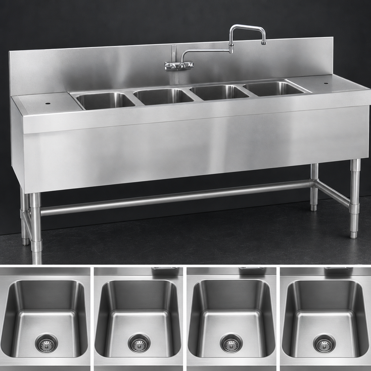 Product image #3 for Spec-Bar Four-Compartment Underbar Sink Unit, 48"W x 19"D, 304 Stainless Steel, No Drainboards, with Faucet