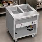Thumbnail image #3 for Duke Manufacturing Thurmaduke TEHF-32PG Mobile Electric Hot Food Unit, 2 Wells, Stainless Steel Top, Open Storage Base