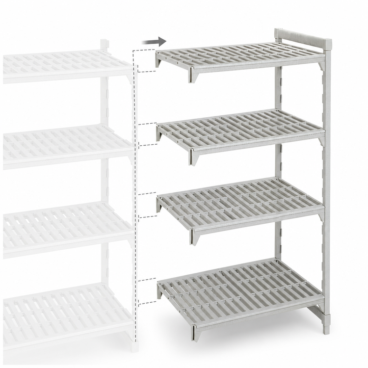 Product image #4 for Cambro Camshelving Premium 24 Inch Deep x 42 Inch Wide x 72 Inch High 4-Shelf Vented Add-On Polymer Shelving Unit, Speckled Gray