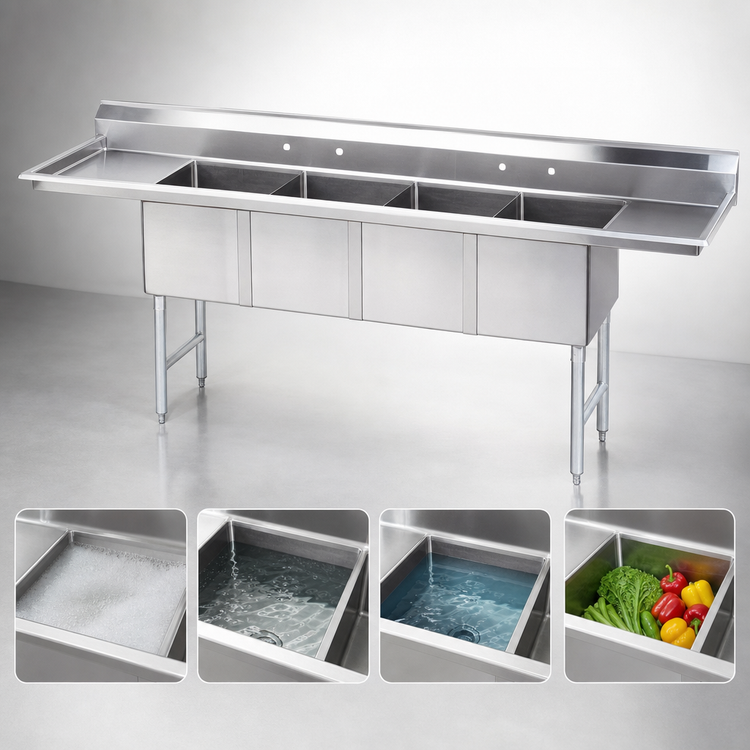 Product image #3 for Advance Tabco 4-Compartment Fabricated Sink with 24" Left & Right Drainboards, 24" x 24" x 14" Bowls, 16 Gauge 304 Stainless Steel