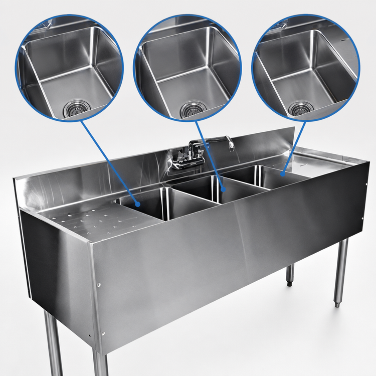 Product image #3 for Choice Three Compartment Underbar Sink Unit, 36-Inch W x 19-Inch D, Stainless Steel