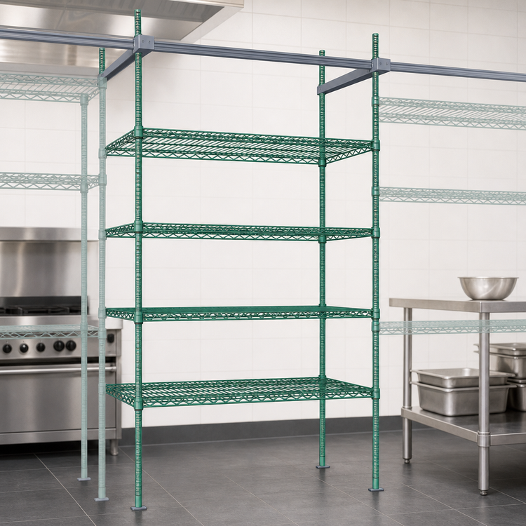 Product image #3 for Quantum 24-Inch Intermediate Overhead Track Shelving Kit, 86-Inch Posts, Green Epoxy Antimicrobial Finish