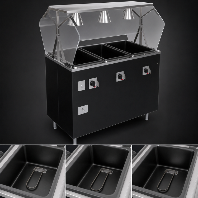 Product image #3 for Vollrath 2-Series Affordable Portable 3-Well Mobile Hot Food Station with Buffet Breath Guard, Enclosed Storage Base, Black