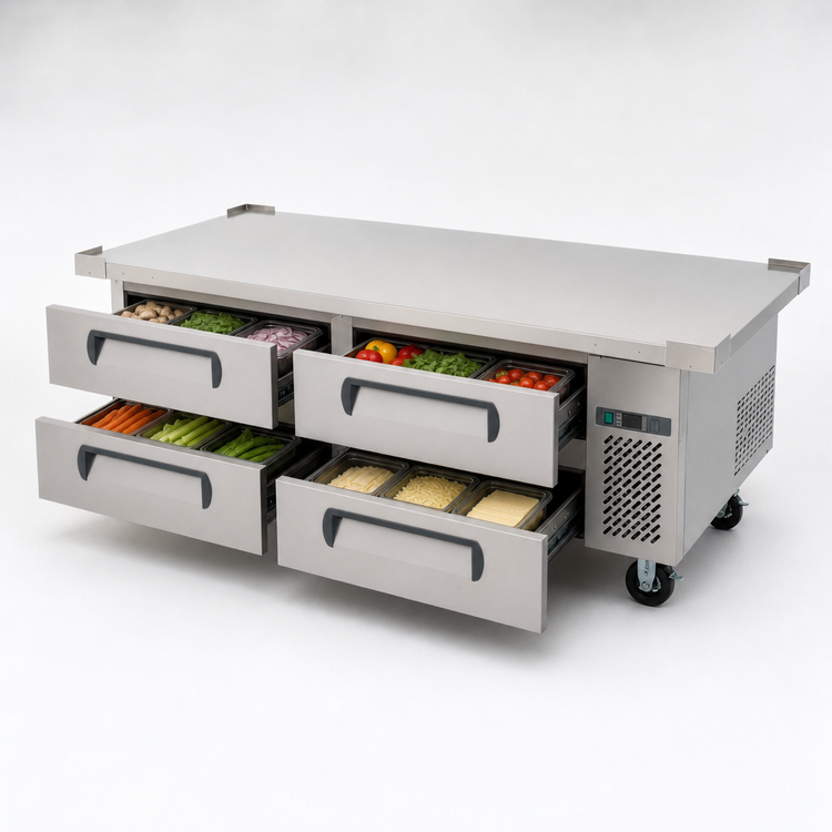 Product image #3 for Migali Competitor Series® Two-Section Refrigerated Equipment Stand / Chef Base with 4 Drawers, 76 Inch Wide, Self-Contained Side-Mounted Refrigeration