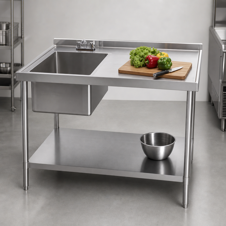 Product image #3 for Klinger's Trading 48" x 30" Left-Side Prep Sink Work Table with 304 Stainless Steel Top, Undershelf and 2" Backsplash