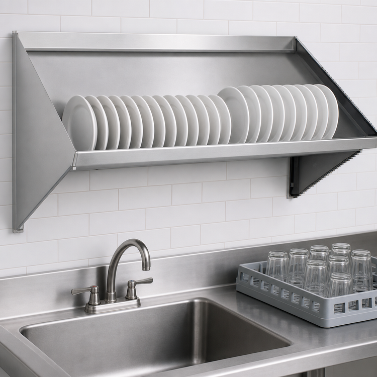 Product image #3 for 63-Inch Wall-Mounted Solid Slanted Dish Table Rack Shelf, Left Drip Tube, 304 Stainless Steel
