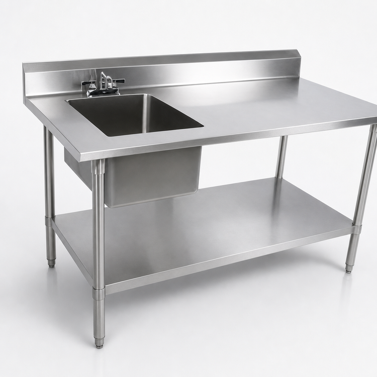 Product image #3 for John Boos 60 Inch x 30 Inch Stainless Steel Prep Sink Work Table, Left Bowl, 5 Inch Backsplash, Adjustable Undershelf