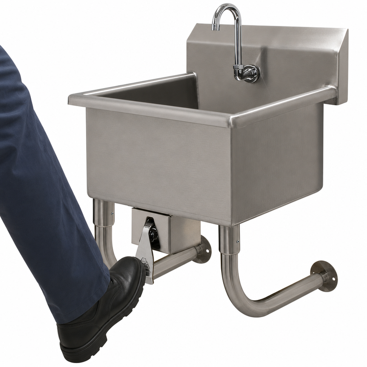 Product image #3 for Advance Tabco Wall-Mounted One-Station 14-Gauge 304 Stainless Steel Service Sink with Knee Valve and 8-Inch Deep Bowl