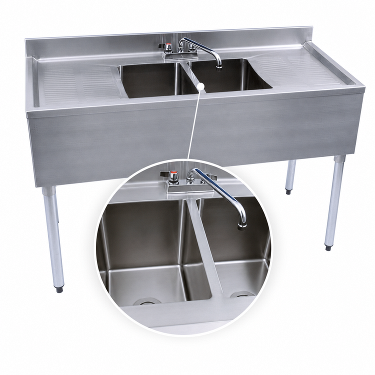Product image #3 for BK Resources Two-Compartment Underbar Sink with Dual Drainboards and Faucet, 48 Inch Wide