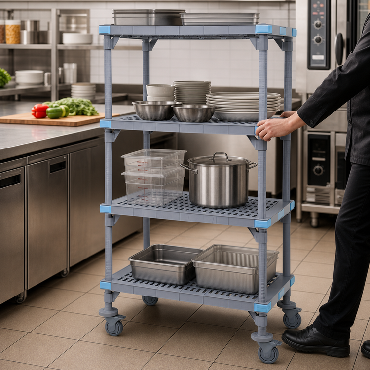 Product image #3 for Quantum Millenia Mobile Polymer Shelving Unit with 4 Open-Grid Shelves, 24 x 18 x 74 Inches, Gray