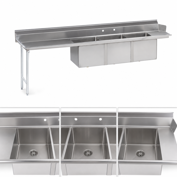 Product image #3 for Advance Tabco 143-Inch Left Drainboard 3-Compartment Sink Dishtable with 24 x 24 x 14 Bowls
