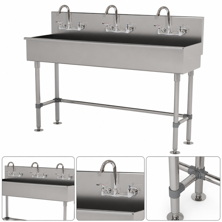 Product image #3 for Advance Tabco 72-Inch Multi-Station Freestanding 304 Stainless Steel Hand Wash Sink with 3 Faucets