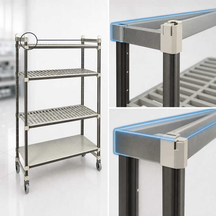 Product image #3 for Cambro Camshelving Elements XTRA High Density Top Rail Mobile Starter Unit, 24 in D x 42 in L x 80 in H, 4-Tier, 3 Vented + 1 Solid