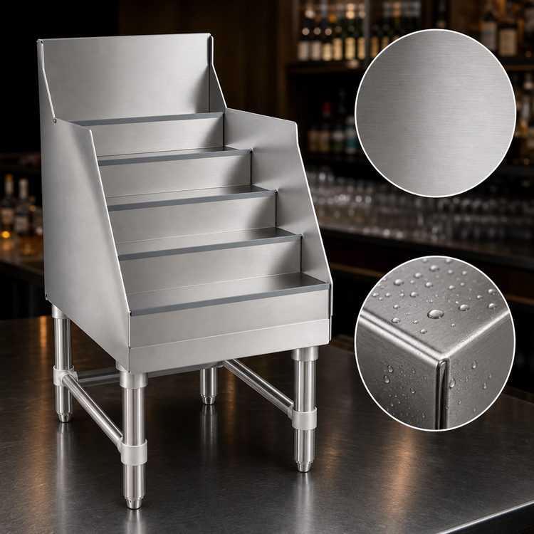 Product image #3 for Steel Works Stainless SWLDR-1818 Freestanding 5-Step Underbar Raised Liquor Bottle Display Unit