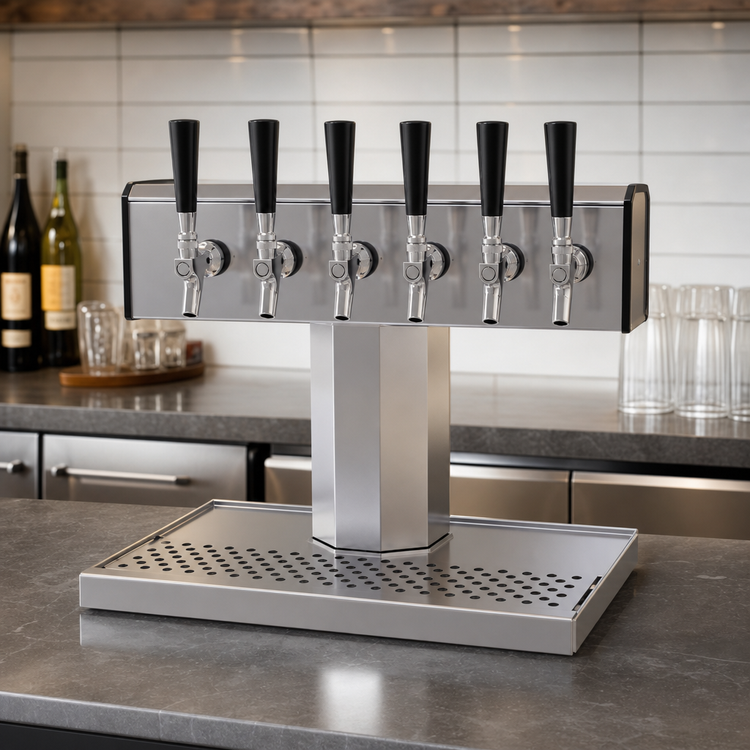 Product image #3 for Glastender Countertop Tee Draft Dispensing Tower with 6 Stainless Steel Faucets, 5-Inch Insulated Column, Glycol-Cooled