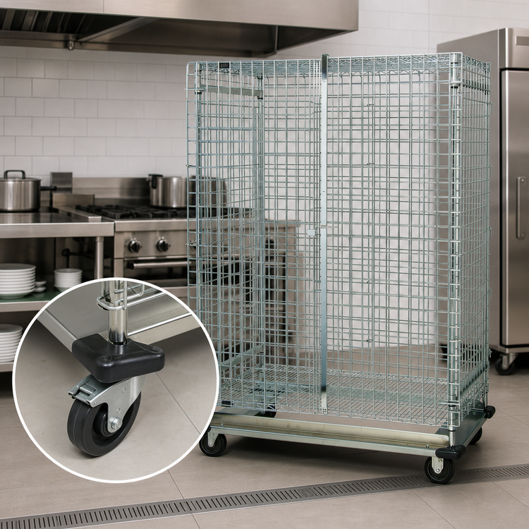 Product image #3 for Quantum Mobile Wire Security Cage Shelving Unit with Dolly Base, 48 x 18 x 70 Inches, Chrome Plated Finish