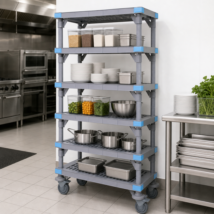 Product image #3 for Millenia Mobile Polymer Shelving Starter Unit with 5 Open Grid Shelves, 42W x 18D x 74H, Gray