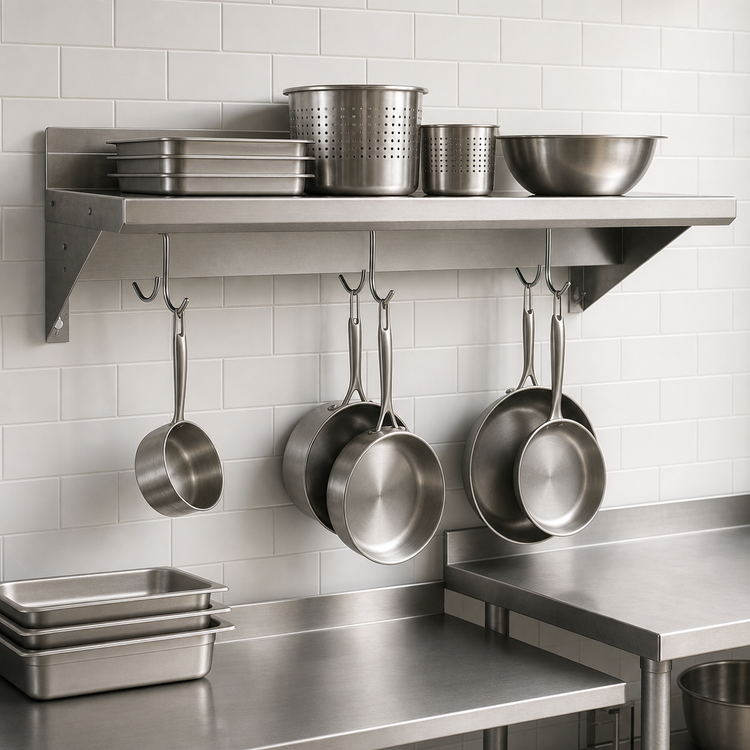 Product image #3 for BK Resources Economy Wall-Mount Stainless Steel Overshelf with Pot Rack, 48"W x 16"D