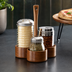 Thumbnail image #3 for American Metalcraft Loft Collection Acacia Wood Shaker Caddy with 3 Holders